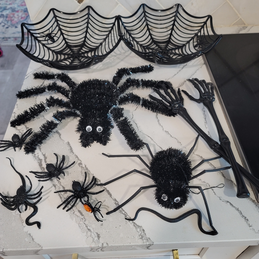 Halloween decor. Web spider bowls, spiders, skeleton hand spoons plastic snakes